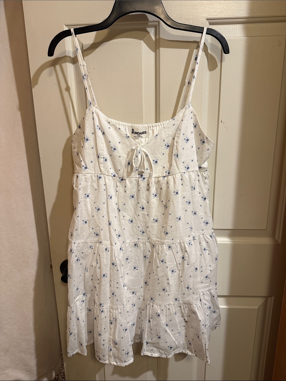 No Boundaries White Dress with Blue Floral Print and Tie Detail